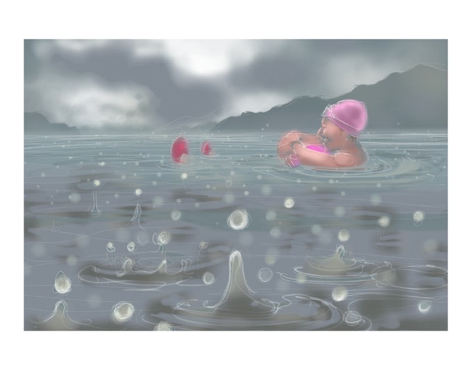 greetings card: swimming in the rain Cumbria - 'Ullswater, Bejewelled'. Open water swimming, funny swimmers