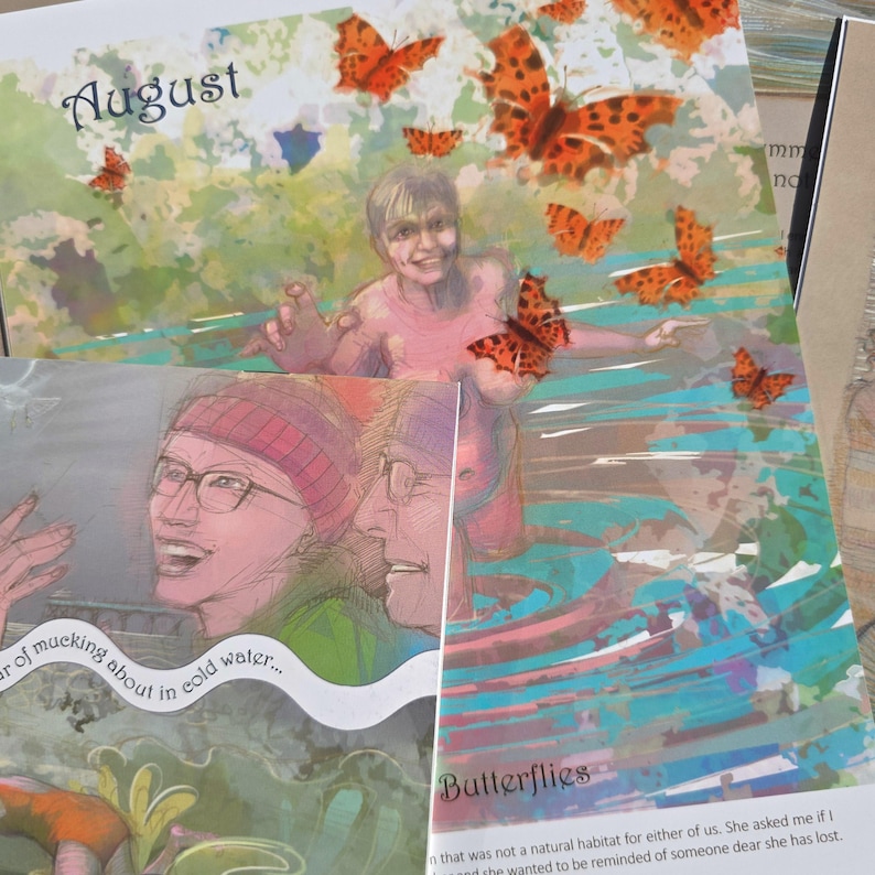 Op de afbeelding: Een bedrukte pagina met het woord August, een illustratie van een persoon in het water omringd door oranje vlinders, en een tweede overlappende afbeelding met twee personen en de tekst, of mucking about in cold water, en Butterflies.