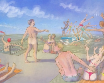 Skinny Dip art print by Nancy Farmer - "This Is What Your Mother Looks Like Naked!" - at Clevedon Beach - open water swimming, sea swimming.