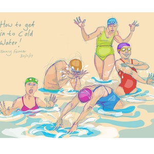 greetings card: swimming in cold water - 'How to get into Cold Water'. Open Water, wild swimming, triathlon, funny swimmers