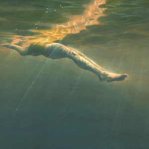 Art print by Nancy Farmer - 'Floating' - from a swimmer painting - Open water swimming, wild swimming. Underwater swimmer.