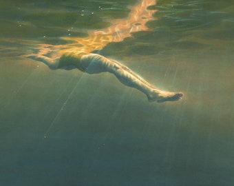 Art print by Nancy Farmer - 'Floating' - from a swimmer painting - Open water swimming, wild swimming. Underwater swimmer.