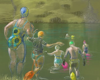 May include: A hand-drawn illustration of five people swimming in a lake. The people are wearing swimsuits and some are holding colorful flotation devices. The background is a green landscape with a hazy sky.