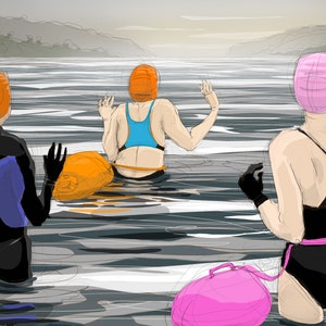 Nancy Farmer greetings card: 'It's Still Colder in Ullswater' - wild swimming, Cumbria, open water swiming