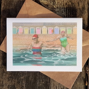 Greetings card of swimmers at Lyme Regis - drawing by Nancy Farmer: &#39;Cool March Sea&#39;