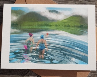 May include: A watercolor illustration of three people swimming in a lake. The lake is surrounded by green hills and a cloudy sky. The people are wearing swimsuits and swim caps. The water is blue and rippling.