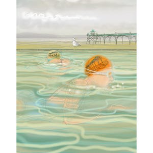 Wenskaart voor zwemmers: 'Synchroonzwemmen', buitenzwemmen, Clevedon Marine Lake en Pier. Kunstkaart, door Nancy Farmer