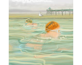 Swimmer&#39;s greetings card: &#39;Synchronized Swimming&#39;, outdoor swimming, Clevedon Marine Lake and Pier. Art card, by Nancy Farmer