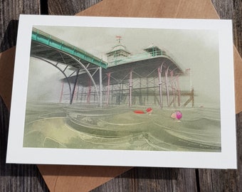 greetings card:  “Still.Scary.Topic” - Swimming around the end of Clevedon Pier - by Nancy Farmer. Sea Swimming