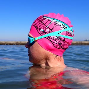 Clevedon Pier swim hat designed by Nancy Farmer - standard size. CLASS Clevedon Lake and Sea Swimmers hat