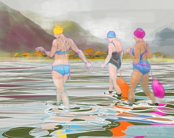 May include: Three people wearing swim caps and swimsuits walk through the water. The water is a light blue color and the sky is a light gray color. The people are walking towards the right side of the image. There are mountains in the background.