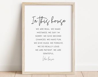 In This House We Are Real, Family Inspirational Poster, Home Decor Wall Art Print, Family Quote Printable, Inspirational Wall Art /S31