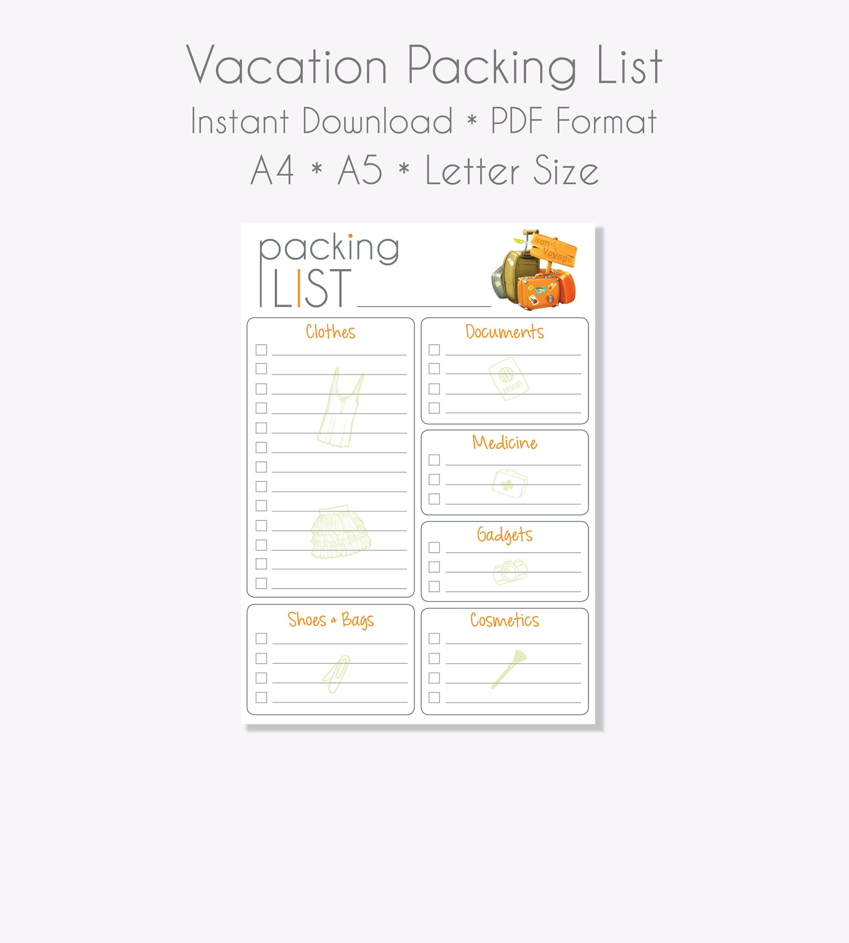 packing list printable vacation packing list vacation etsy