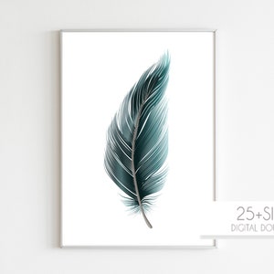 May include: A teal blue feather with white stripes, isolated on a white background. 25+ SIZES DIGITAL DOWNLOAD.