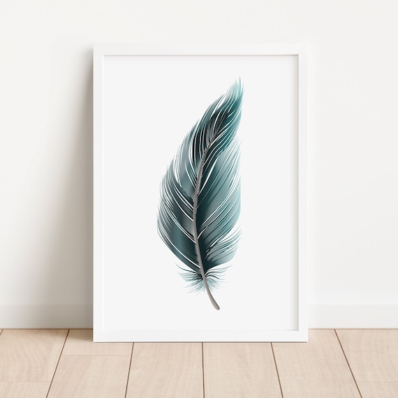 Teal Feather Printable Poster, Minimalist Feather Wall Art, Home Office Wall Decor /D131