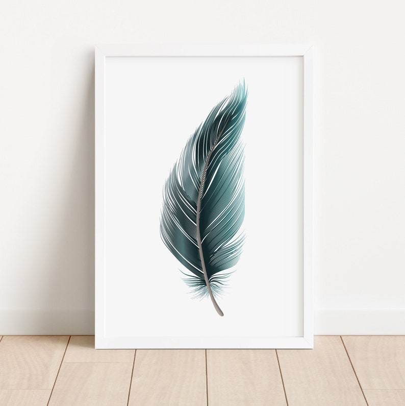 May include: A teal blue feather with a white background. The feather is a simple, minimalist design.