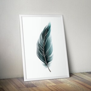 May include: A teal blue feather with a white background. The feather is in a white frame.