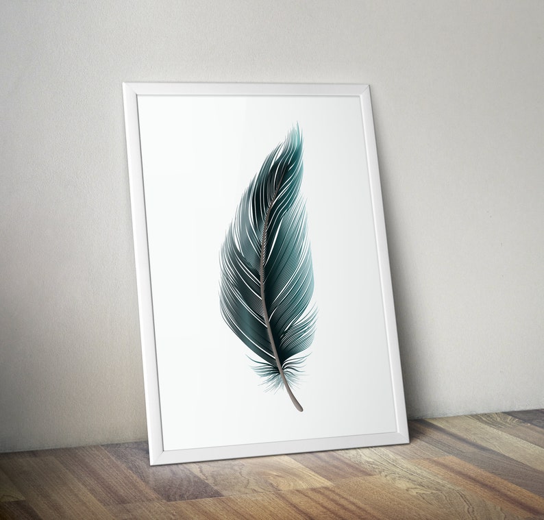 May include: A teal blue feather with a white background. The feather is in a white frame.