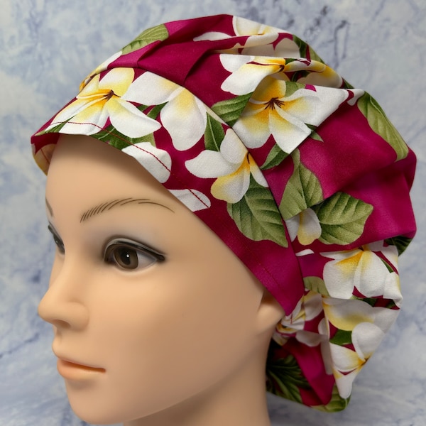TOUCH of HAWAII - Red Plumeria (fabric bought directly from Hawaii), unisex bouffant style scrub cap