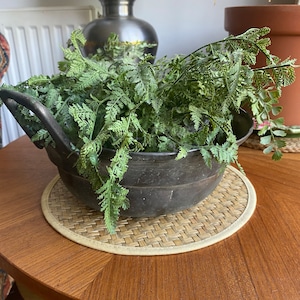 May include: A green fern plant in a dark grey metal pot with two handles. The pot is sitting on a woven straw mat on a wooden table.