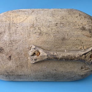 K&ouml;nnte beinhalten: Ein Vintage-Entenk&ouml;der mit einem verwitterten, cremefarbenen K&ouml;rper und schwarzen Enden. Ein Seil und ein Metallring sind an einem Ende befestigt. Ein knochenf&ouml;rmiger Griff ist am K&ouml;rper angebracht.