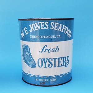 Vintage Oyster Tin Advertising Can Gallon from W. E. Jones Seafood Chincoteague Virginia
