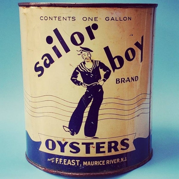 Vintage Sailor Boy Brand Gallon Oyster Tin Maurice River New Jersey