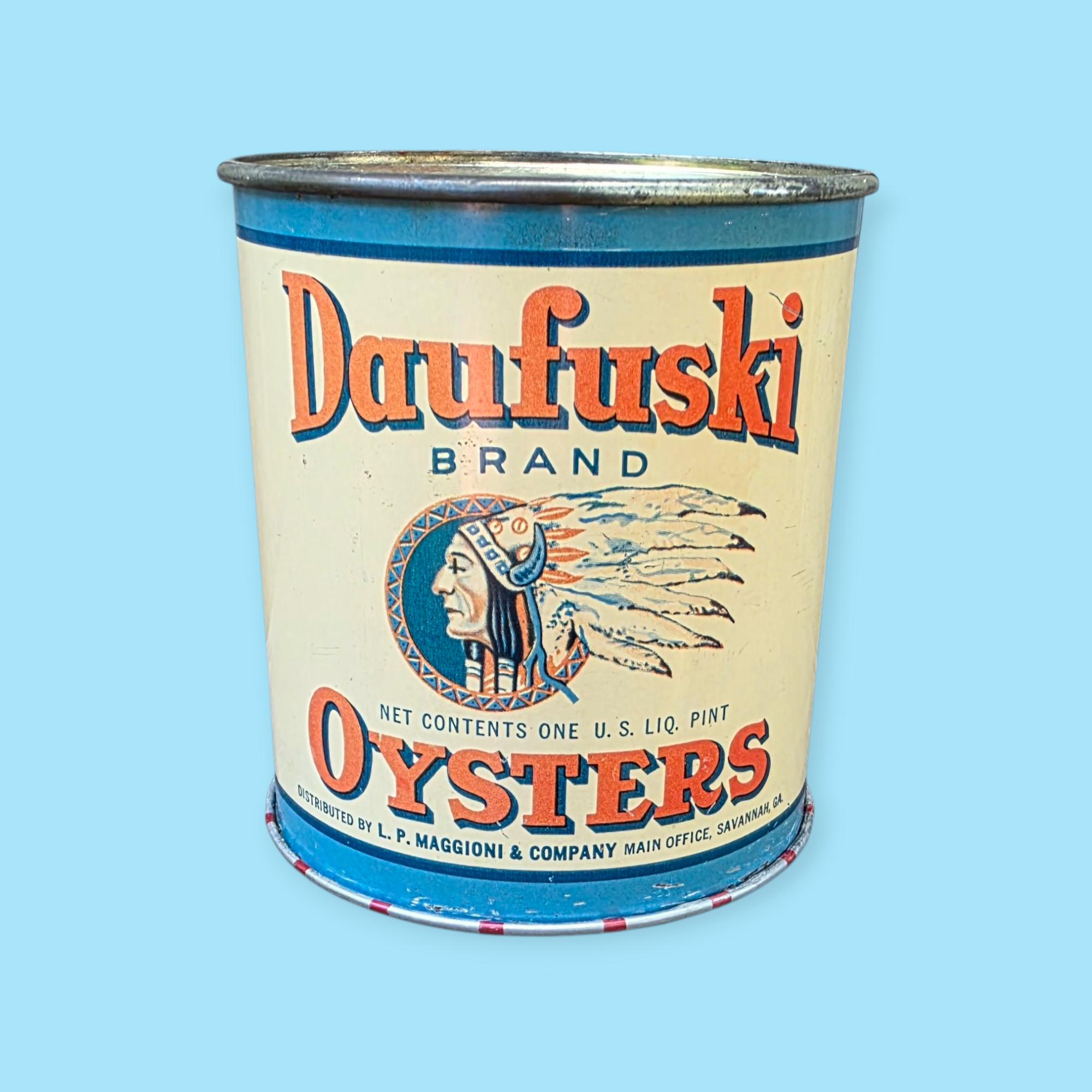 Vintage Daufuski Oyster Tin: Savannah GA Native American Indian