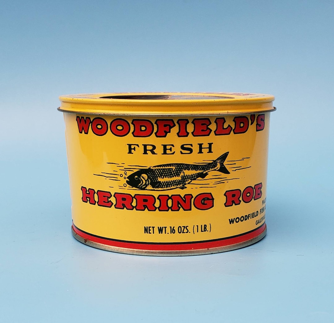 Vintage Herring Roe Tin 16 Ounce Advertising Can Woodfield's Galesville