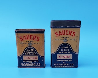 Sauers Brand Spice Tin Advertising Lot of Two Cans - Richmond Virginia