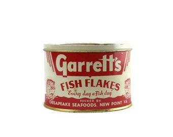 Garrett's Fish Flakes Tin Advertising Can Chesapeake Seafoods, New Point Virginia 1 lb. Seafood - Oyster - Rock Fish
