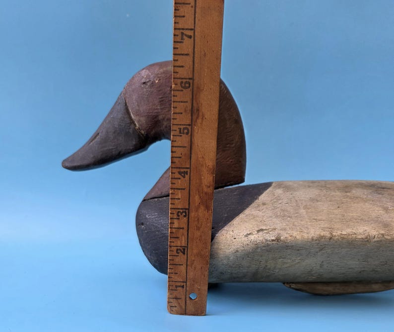 K&ouml;nnte beinhalten: Ein Vintage-Holzentenk&ouml;der mit braunem Kopf, schwarzem Schnabel und cremefarbenem K&ouml;rper. Der K&ouml;der ist etwa 18 cm lang, mit einem Holzlineal zur Ma&szlig;stabsbestimmung. Die Ente befindet sich vor einem blauen Hintergrund.