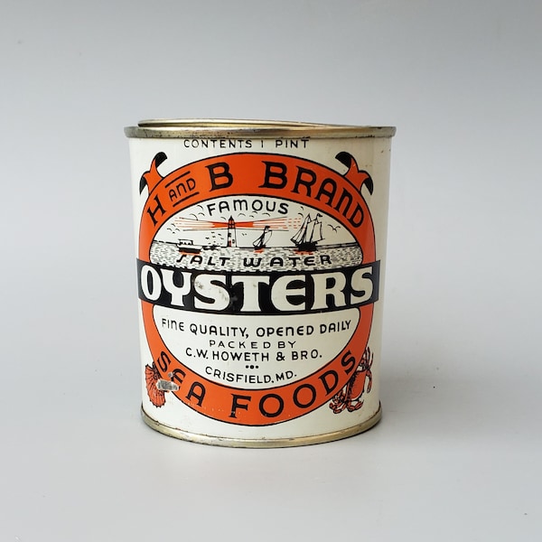 Oyster Tin H and B Brand Pint Size Advertising Can from Crisfield MD