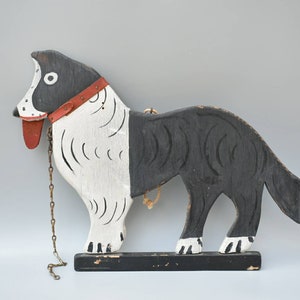 Folk Art Carving of a Dog with Leather Tongue and Collar - Border Collie