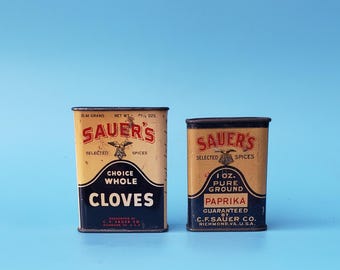Sauers Brand Spice Tin Advertising Lot of Two Cans - Richmond Virginia