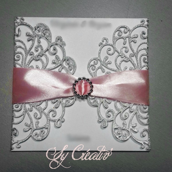 10 INVITATIONS / FAIRE-PART mariage, carte laser, ciselé, dentelle, pailleté, argent, bague strass