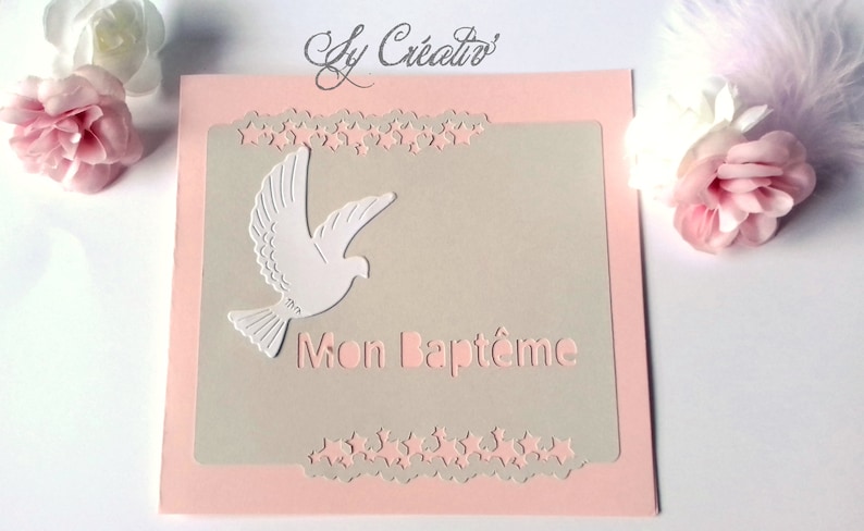 10 INVITATIONSannouncements baptism Dove girl-fully customizable color to choose pink and grey