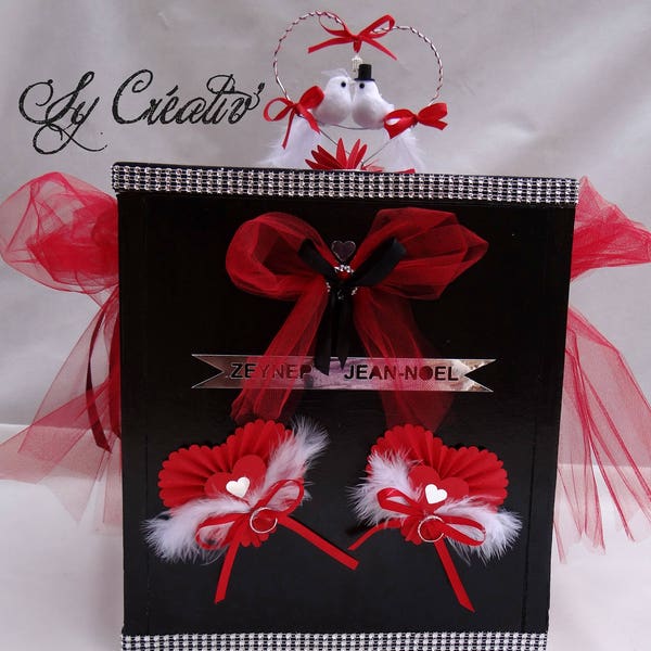 URNE, TIRELIRE noir et rouge, coeur, oiseaux, colombes, anniversaire, baptême, mariage, enveloppe, gift box, personnalisée, toute couleurs