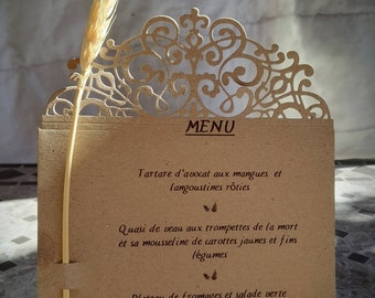 Lot de 5 MENUS ciselé, mariage champêtre chic,  baptême, anniversaire, couleurs sur demande