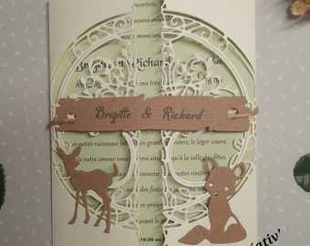 10 INVITATIONS / FAIRE-PART mariage theme forêt,  nature, bois, animaux, entièrement personnalisable, couleur au choix