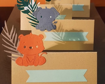 VEEL 10 tropische thema tafelplaatsmarkeringen, tropisch, bruiloft, doop, verjaardag, leeuw, olifant, giraffe