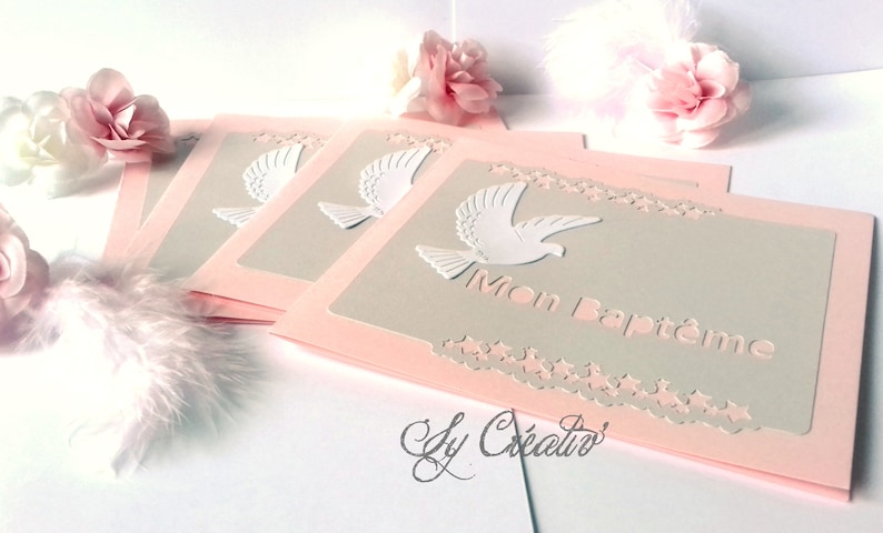 10 INVITATIONSannouncements baptism Dove girl-fully customizable color to choose pink and grey