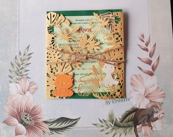 10 UITNODIGINGEN / Doopaankondigingen bos, natuur, hout, dieren, volledig aanpasbaar, kleur naar keuze