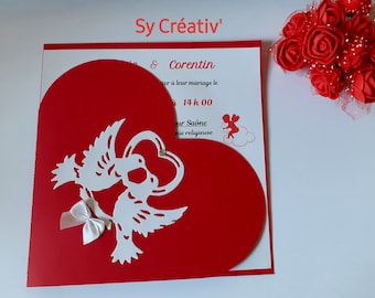 10 uitnodigingen/MAKE-PART hart, bruiloft, duiven, rood en wit-volledig aanpasbaar, kleur om uit te kiezen
