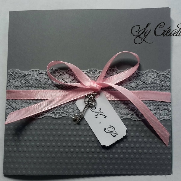 10 INVITATIONS / FAIRE-PARTS  mariage dentelle chic, gris rose blanc, ruban satin, papier gaufré, couleur au choix