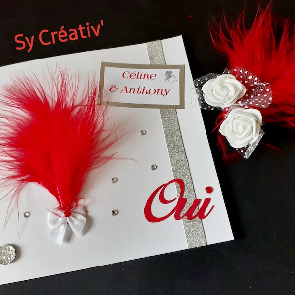 10 INVITATIONS / FAIRE-PARTS  mariage, plume, rouge et blanc, strass, couleur au choix