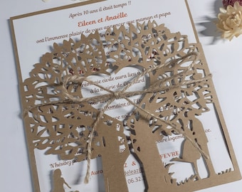 10 INVITATIONS / FAIRE-PART mariage champêtre, carte laser, ciselé, arbre, nature, kraft, ficelle, personnalisé