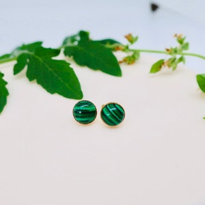 Cabochon Earrings 14k gold 8mm Jade Stud Earrings Gemstone Studs Handmade Earrings Minimalist Earrings Gift for her Malachite