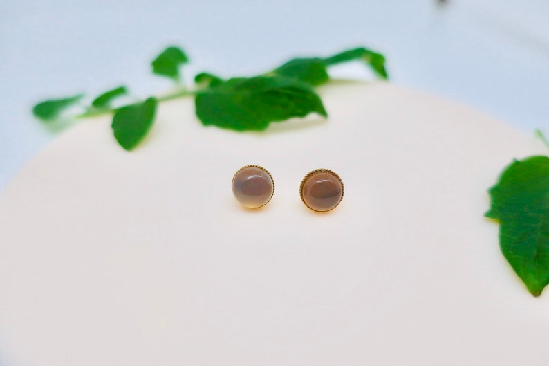 Cabochon Earrings 14k gold 8mm Jade Stud Earrings Gemstone Studs Handmade Earrings Minimalist Earrings Gift for her Grey Agathe