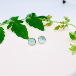 Cabochon Earrings 14k gold 8mm Jade Stud Earrings Gemstone Studs Handmade Earrings Minimalist Earrings Gift for her Blue Aquamarine